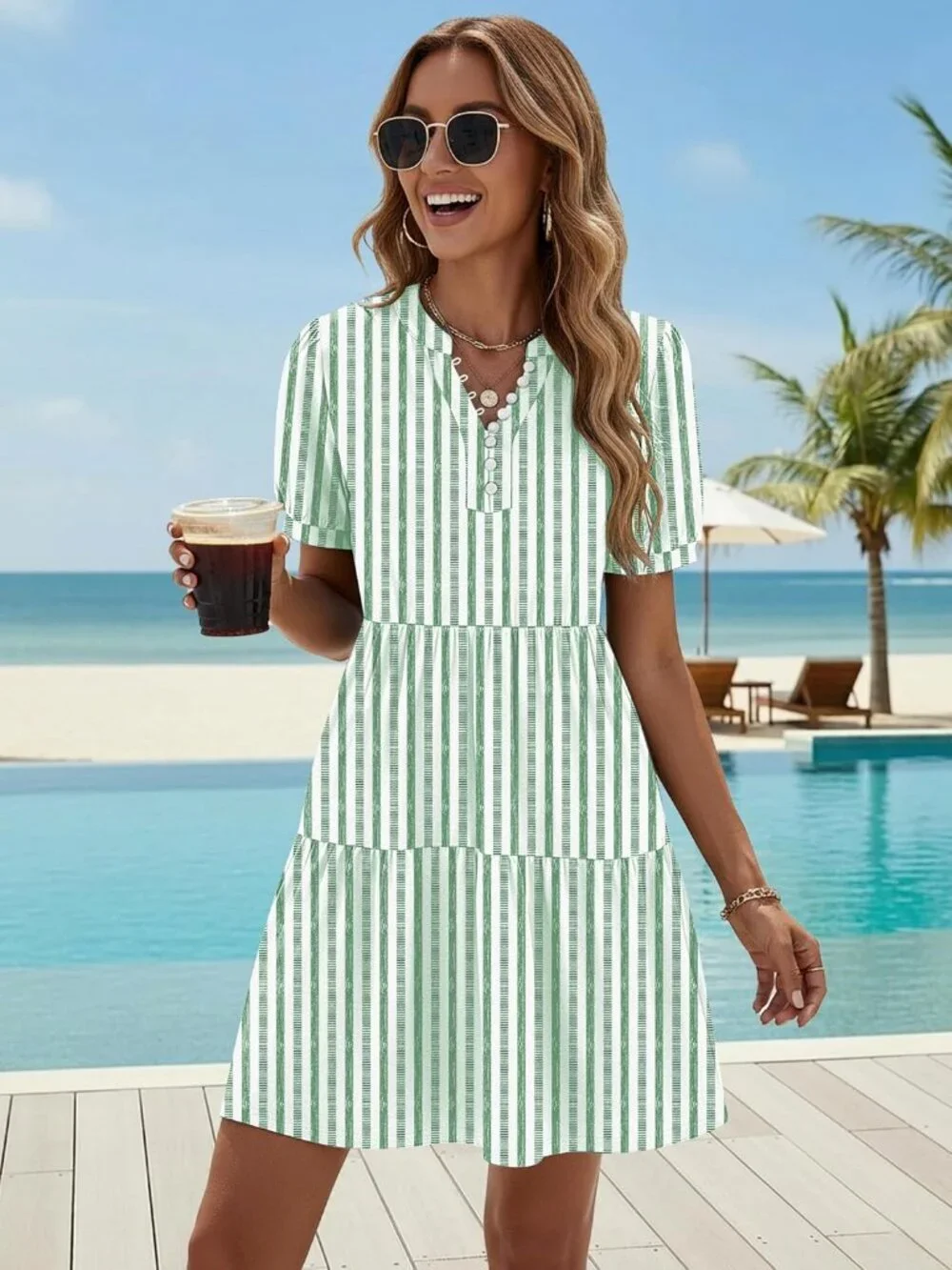 Women's Striped Green Boho Floral Beach Striped Short Sleeve T-shirt Mini Dress